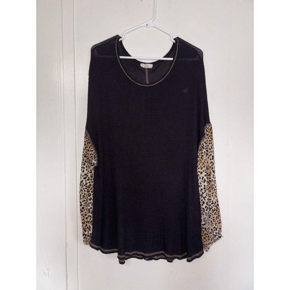 Hummingbird 1XL Women's Top Long‎ Sleeve Blouse Cheetah Print Black Gauze